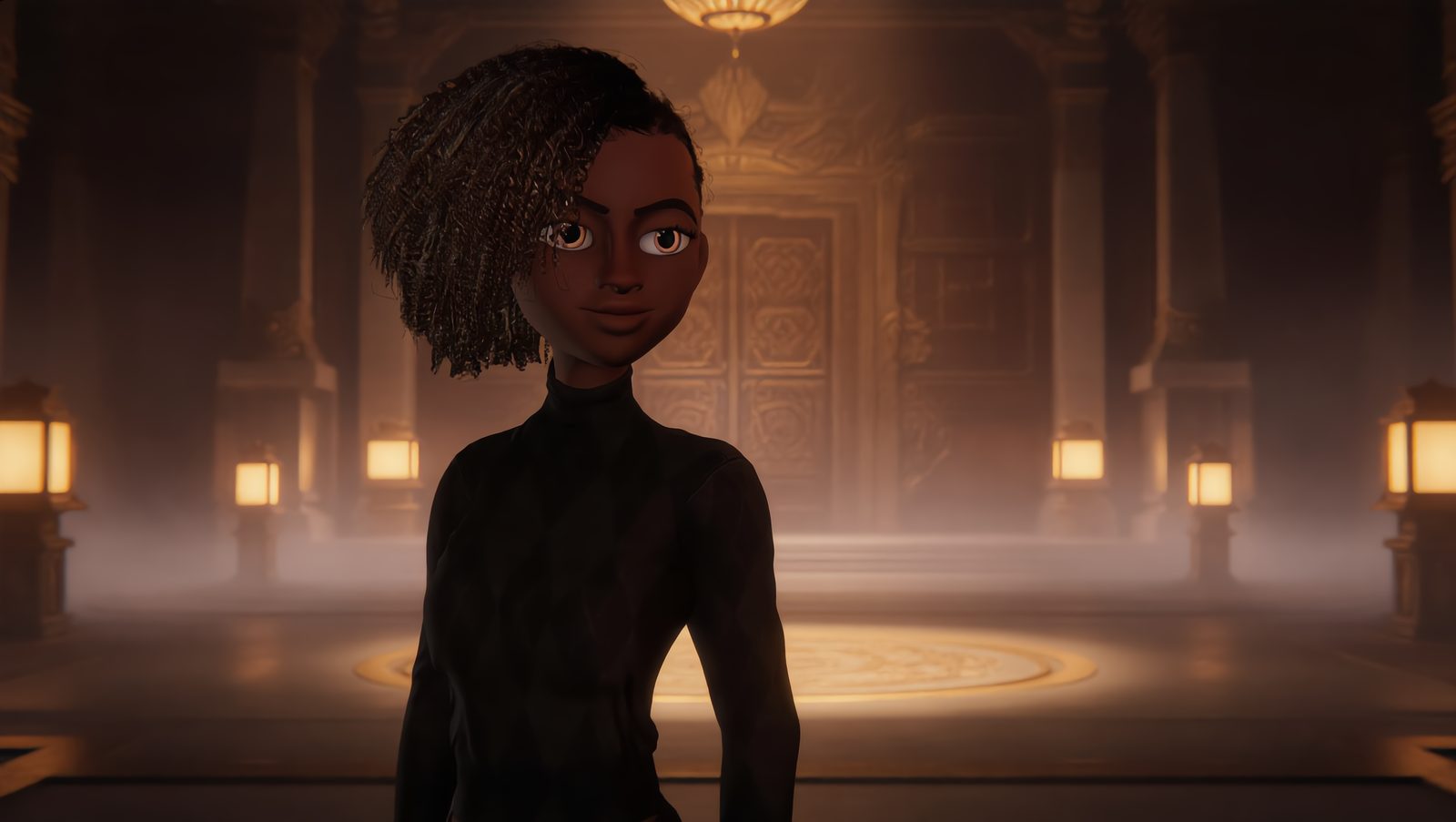 A cinematic still from a VirtX studio production: a young character in a lantern-lit hall