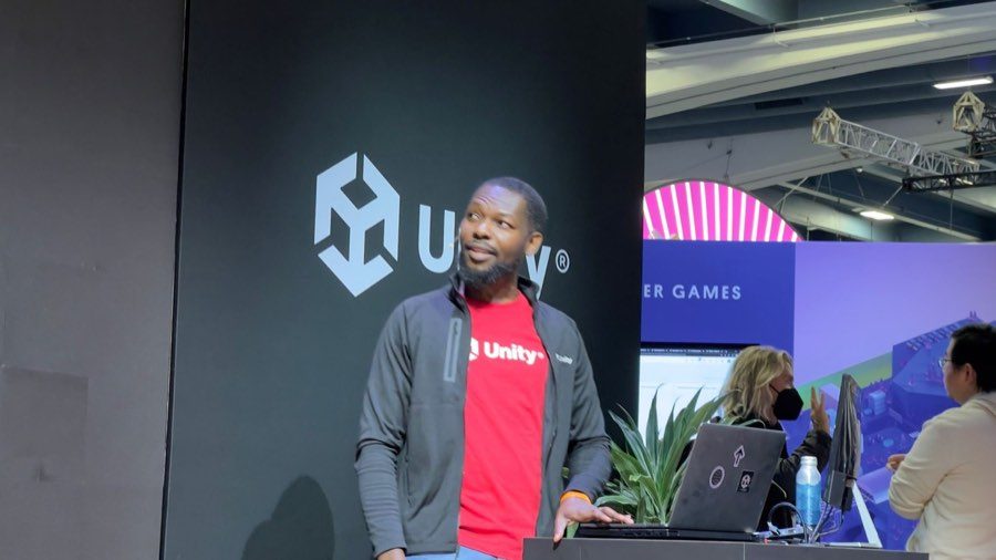 Nnanna Kama teaching on stage for Unity at the Game Developers Conference